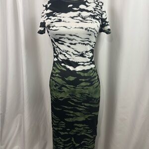 White Animal Striped Mock Neck Bodycon Midi Dress Small